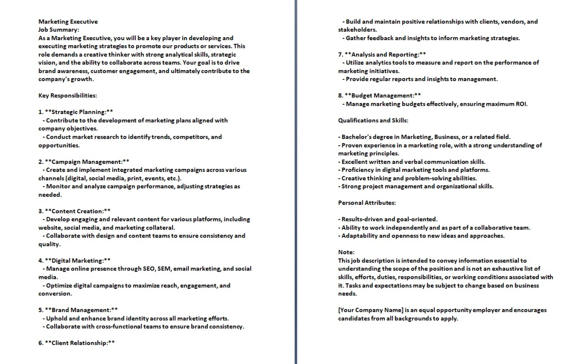 marketing executive job description marketing executive job description