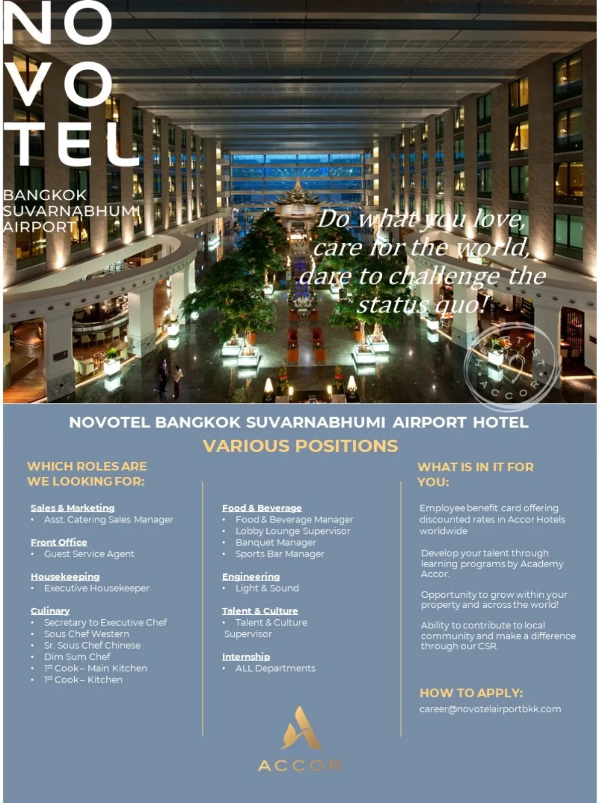 Job Openings at Novotel Bangkok Suvarnabhumi Airport Hotel 1 Job Openings at Novotel Bangkok Suvarnabhumi Airport Hotel
