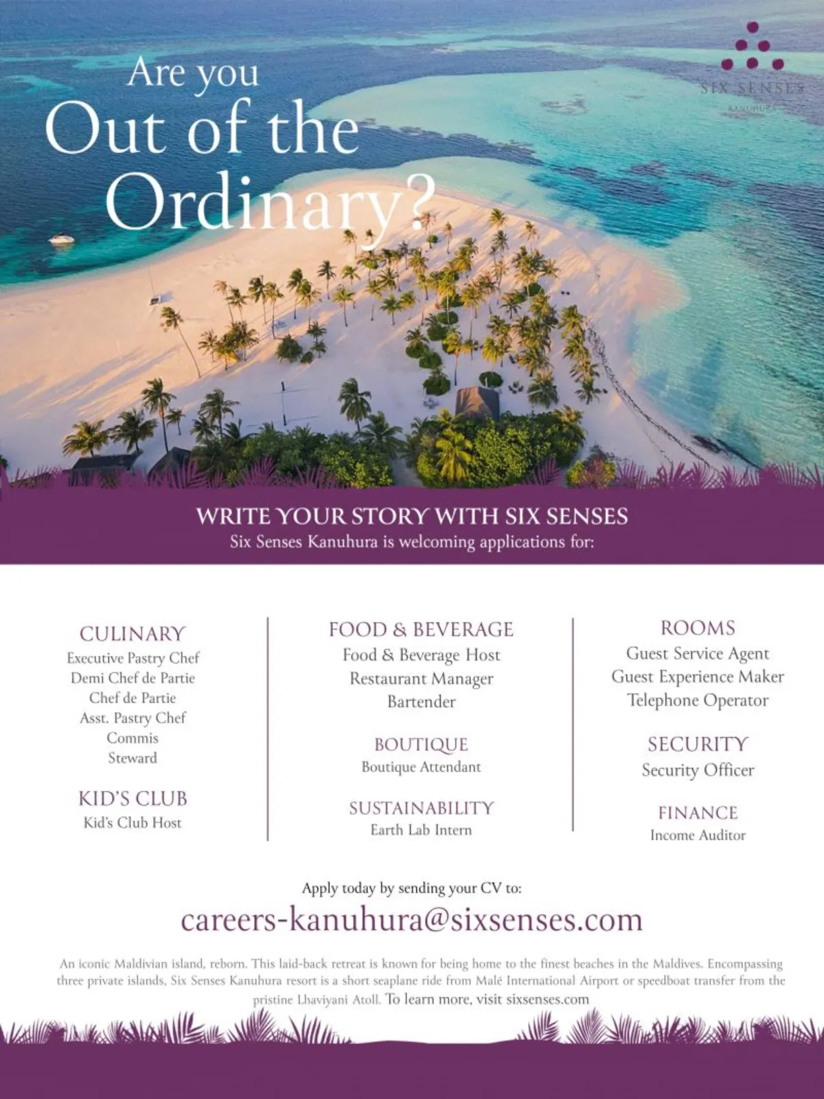 Six Senses Kanuhura Maldives Career