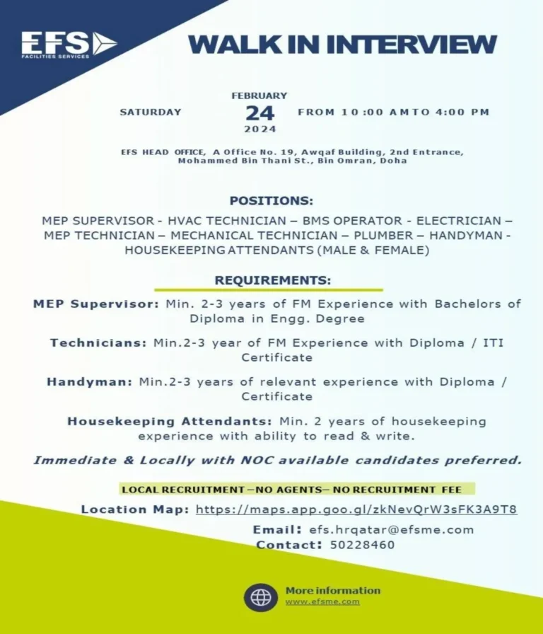 EFS Facilities Services Walk In Interview Doha