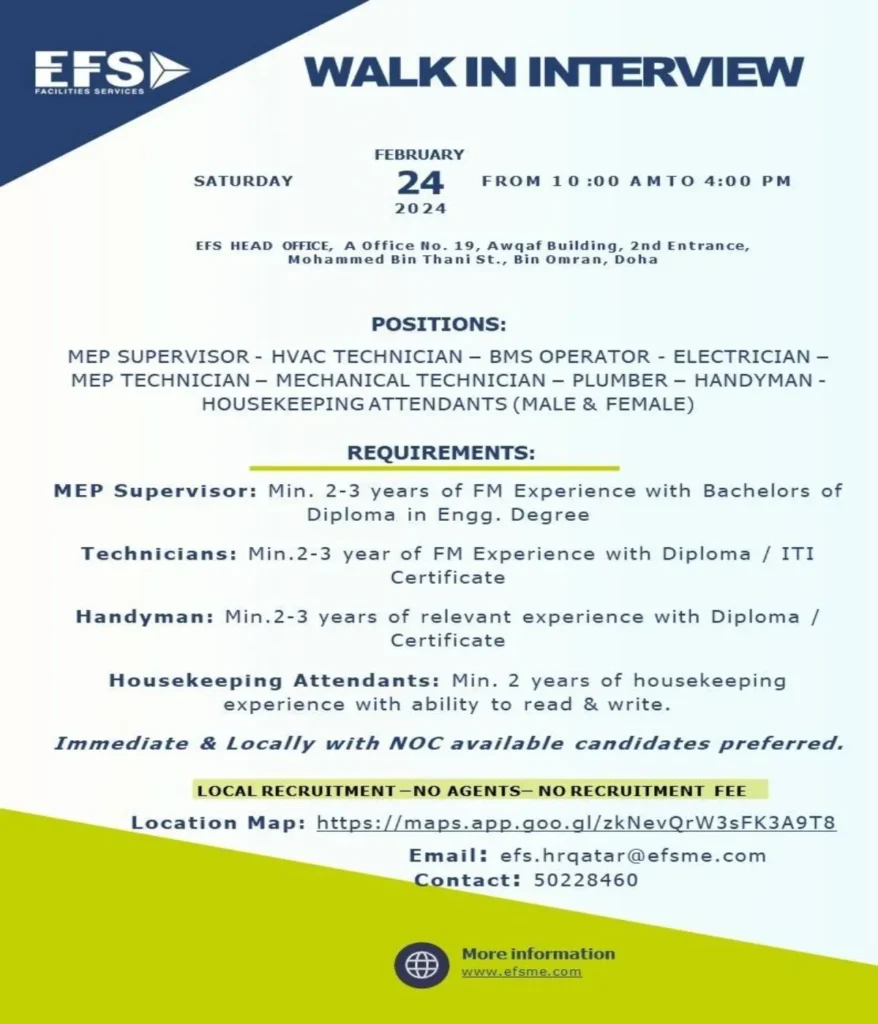 EFS Facilities Services Walk In Interview Doha