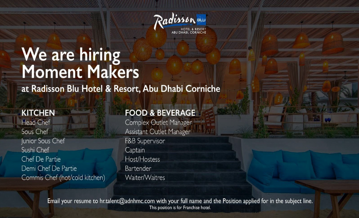 Job Openings at Radisson Blu Hotel & Resort Abu Dhabi