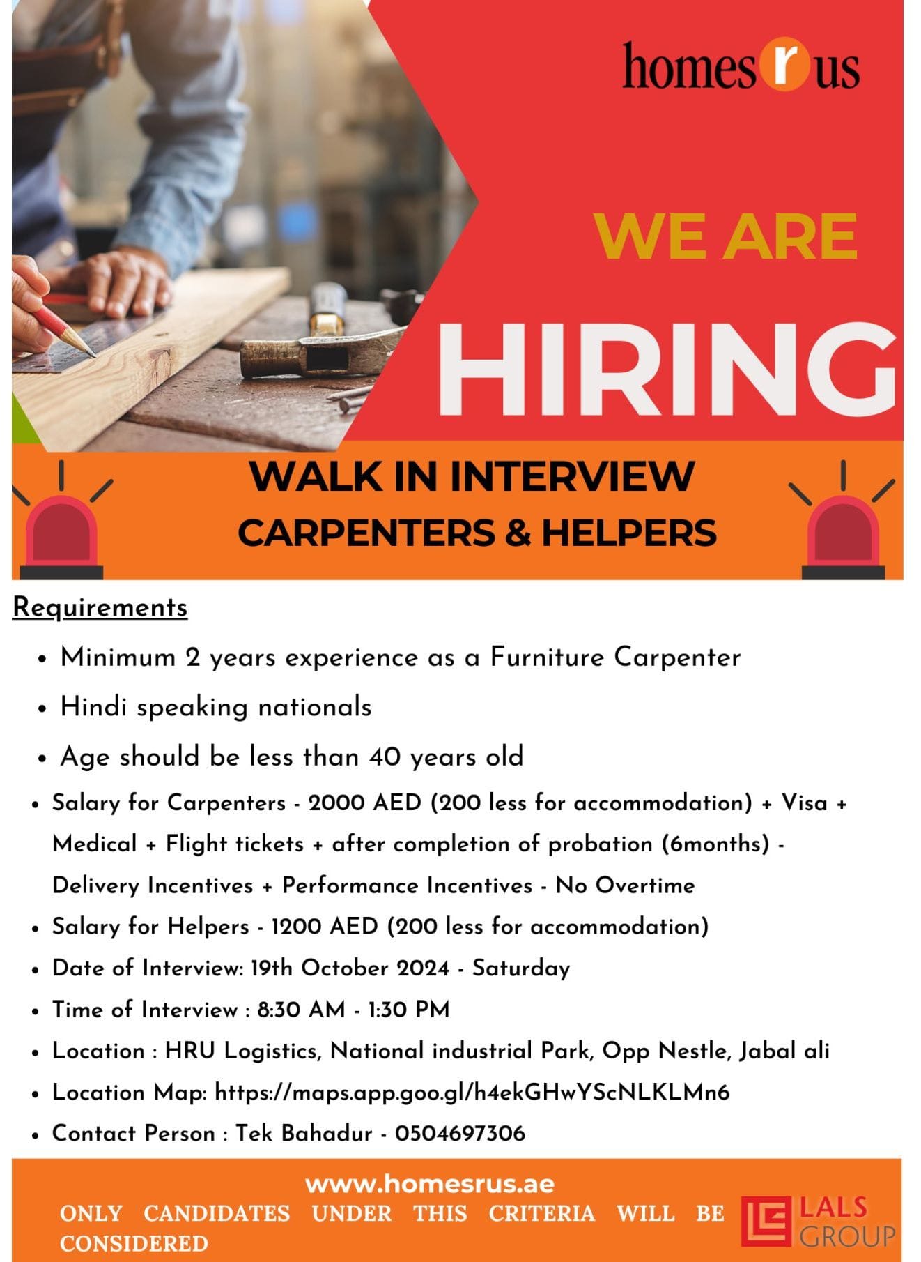 Walk In Interview for Carpenters and Helpers