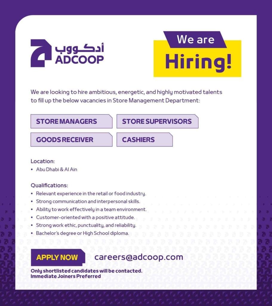 ADCOOP is Hiring in Abu Dhabi 2025: Exciting Job Openings in Fresh Food and Store Management Departments! 2 ADCOOP is hiring
