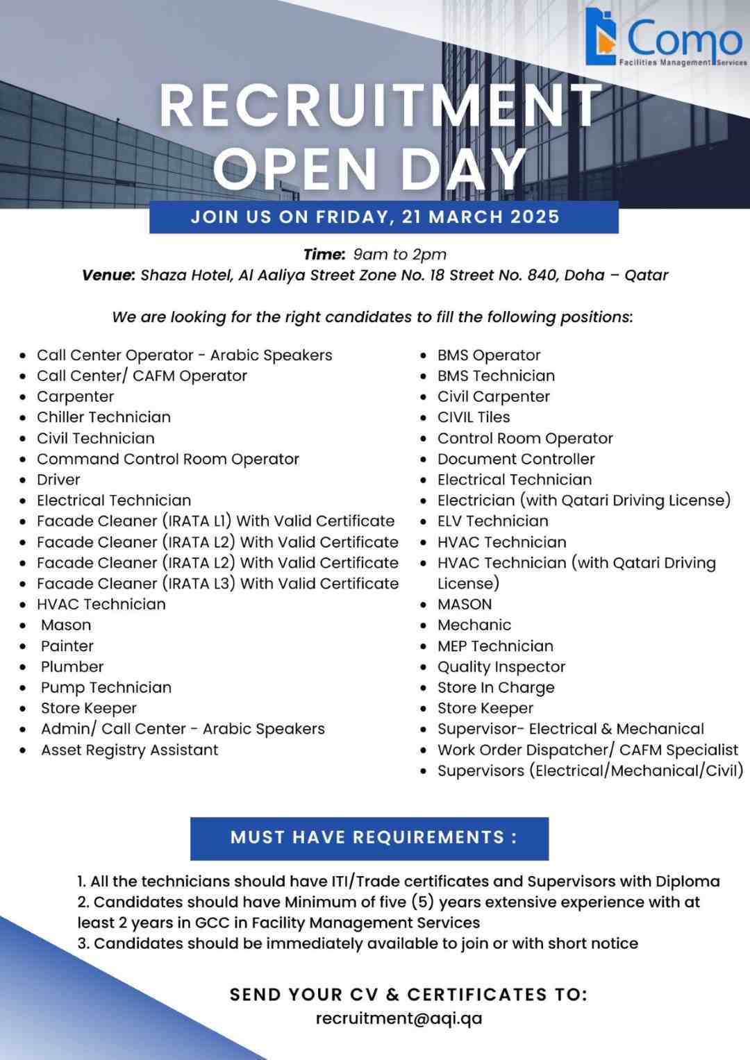 Como Facilities Management Services – Recruitment Open Day in Doha 1 Como Facilities Management Jobs