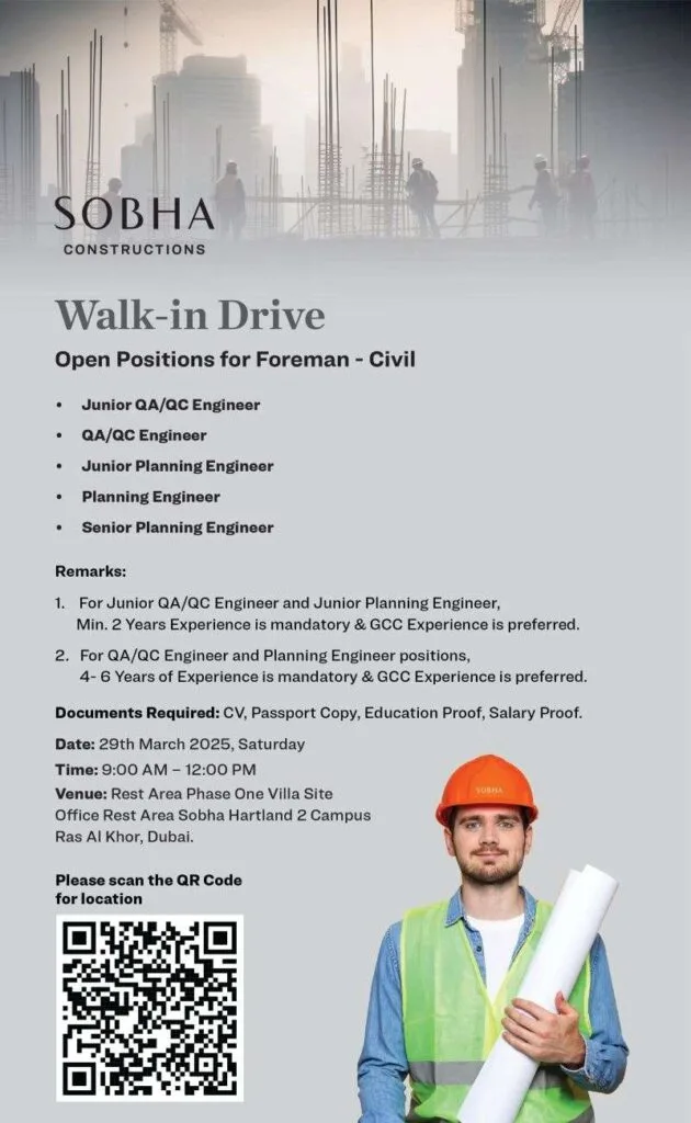 Sobha Constructions Jobs Civil Engineering Walk In Interview Dubai