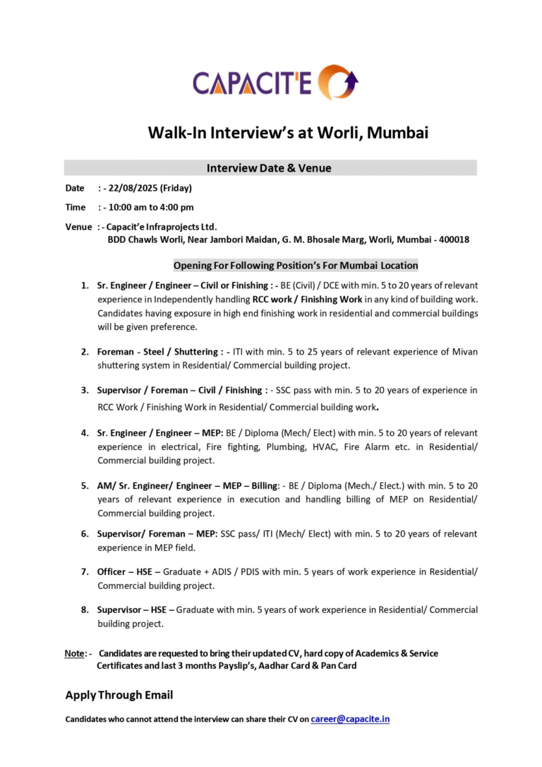 Walk In Interview in Mumbai – Civil, MEP, HSE Jobs at Capacit’e Infraprojects (Aug 22, 2025)