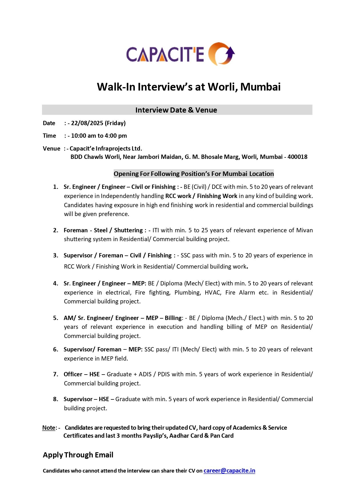 Walk In Interview in Mumbai – Civil, MEP, HSE Jobs at Capacit’e Infraprojects (Aug 22, 2025)