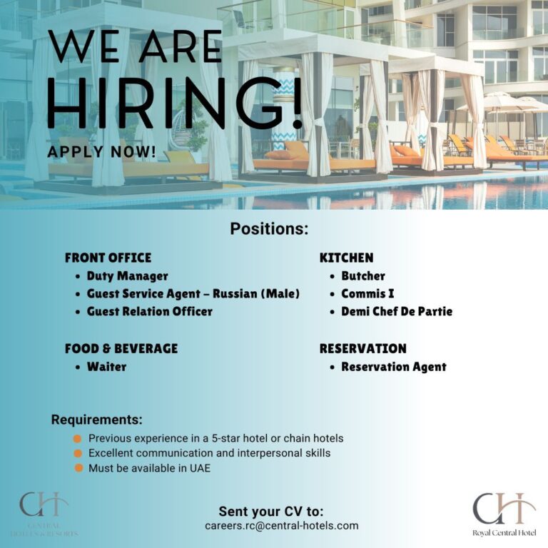 Central Hotels Dubai is Hiring! Multiple 5-Star Hospitality Jobs Available Now