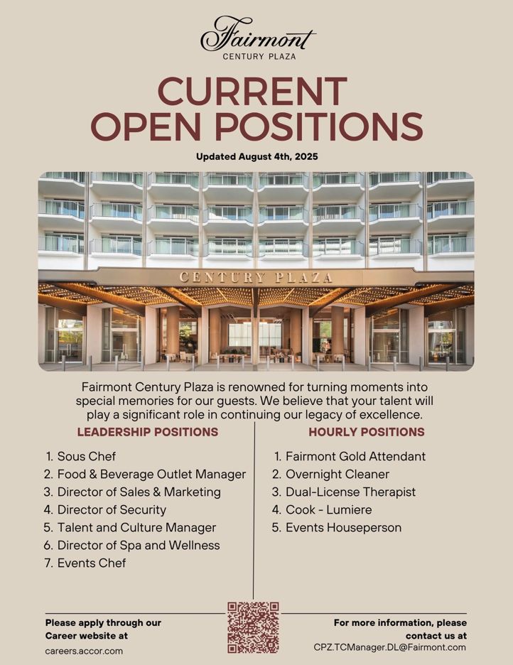 Careers at Fairmont Century Plaza – Join Our Luxury Hospitality Team 2 Fairmont Century Plaza hotel exterior with Now Hiring text for luxury hospitality jobs