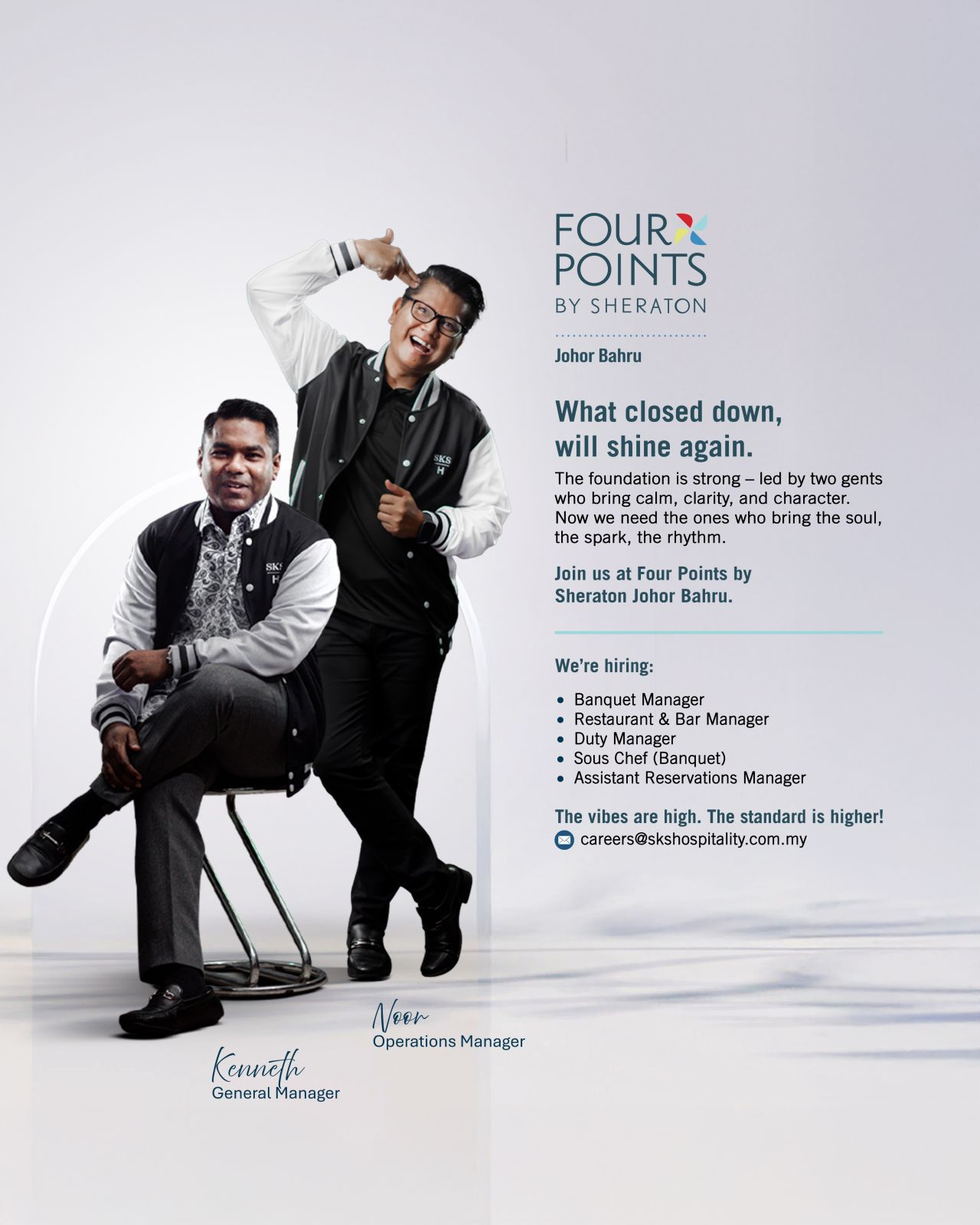 Four Points by Sheraton Johor Bahru hiring for Banquet Manager, Restaurant & Bar Manager, Duty Manager, Sous Chef, and Reservations Manager roles in Malaysia.