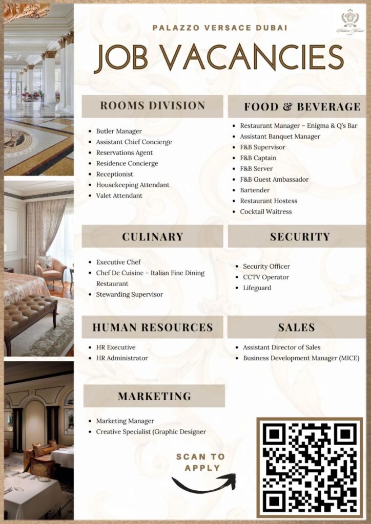 Palazzo Versace Dubai Careers 2025 – Apply for the Latest Luxury Hotel Job Vacancies 2 Palazzo Versace Dubai careers 2025 job vacancies in luxury 5-star hotel including Rooms Division, Food & Beverage, Culinary, Security, Sales, Marketing, and HR positions with apply online QR code.