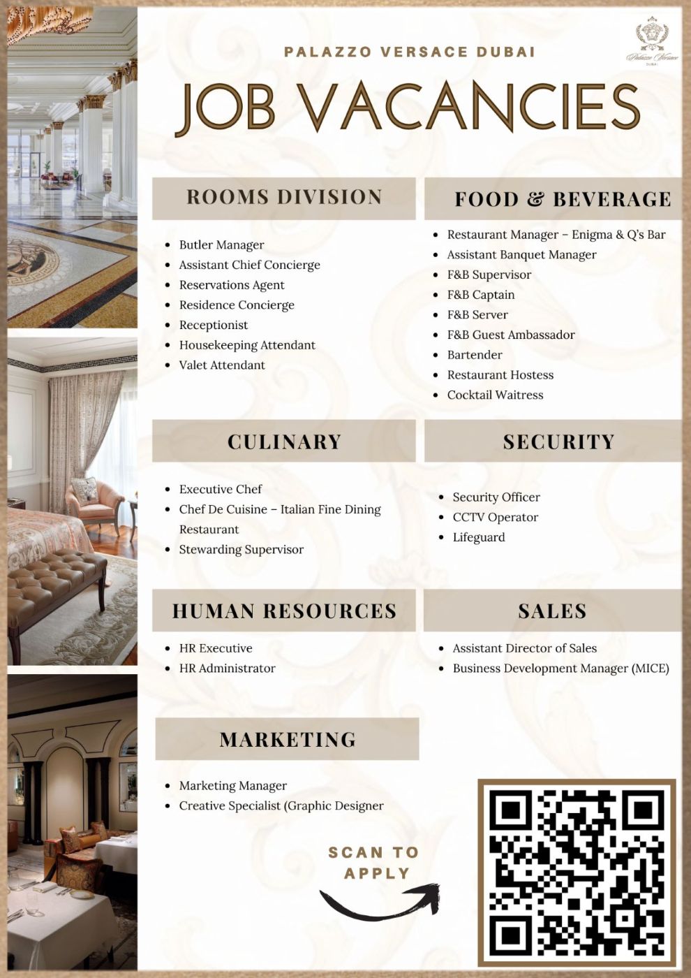 Palazzo Versace Dubai careers 2025 job vacancies in luxury 5-star hotel including Rooms Division, Food & Beverage, Culinary, Security, Sales, Marketing, and HR positions with apply online QR code.