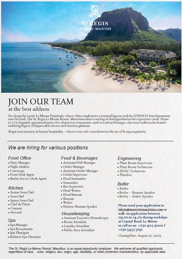 St Regis Le Morne Resort Mauritius jobs