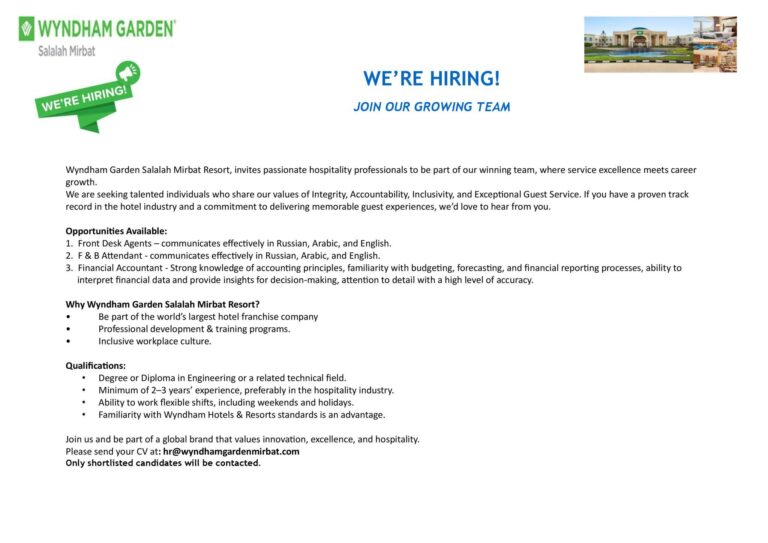 Wyndham Garden Salalah Mirbat jobs, hotel jobs in Oman