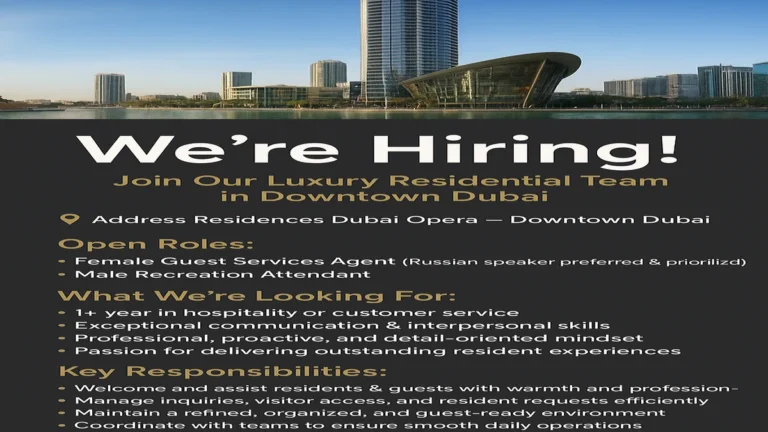 Address Residences Dubai Opera hiring Female Guest Services Agent and Male Recreation Attendant in Downtown Dubai