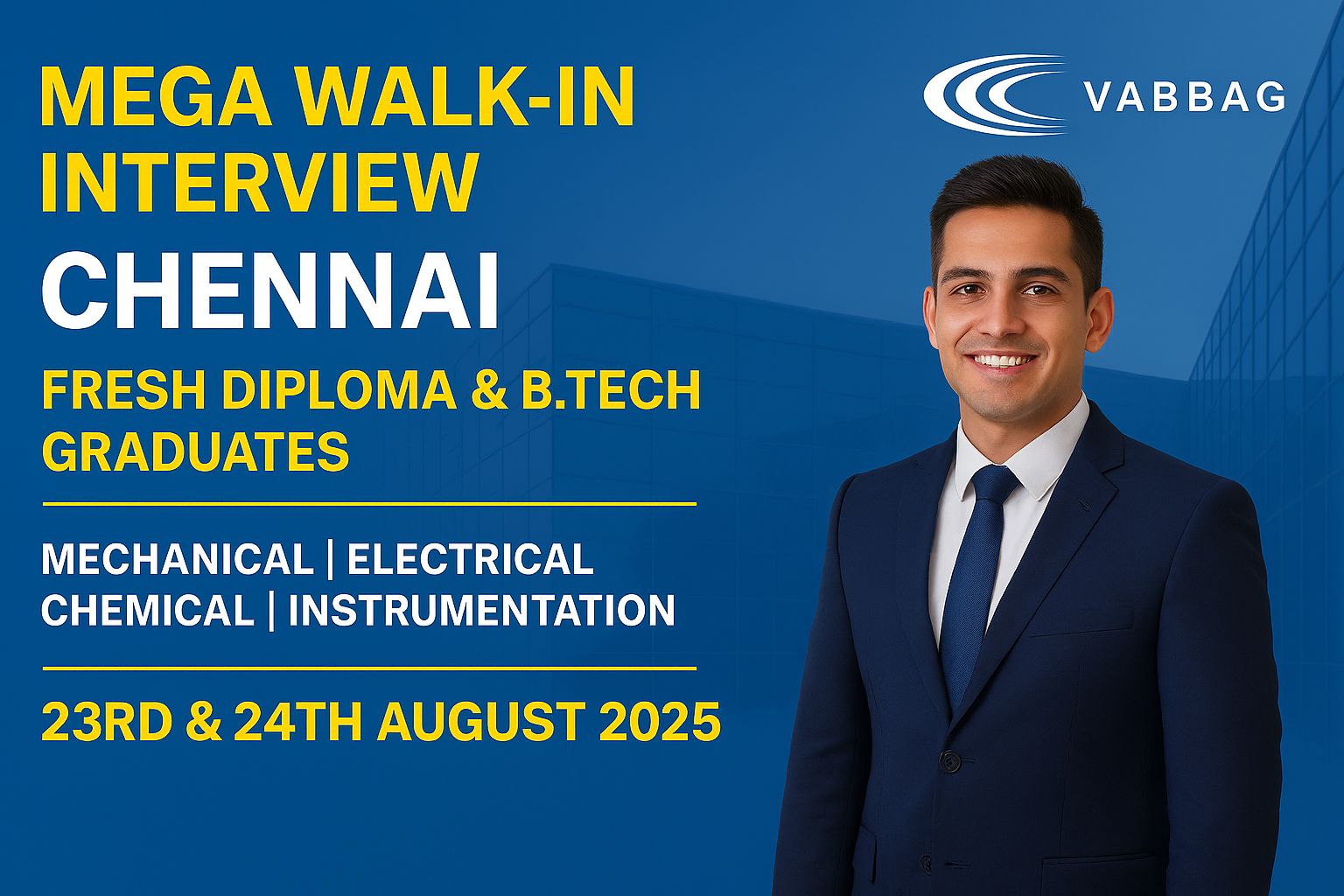 Chennai Walk-in Interview – VA TECH WABAG Hiring Fresh Diploma & B.Tech Graduates 1 Chennai walk-in interview for fresh Diploma and B.Tech graduates by VA TECH WABAG August 2025
