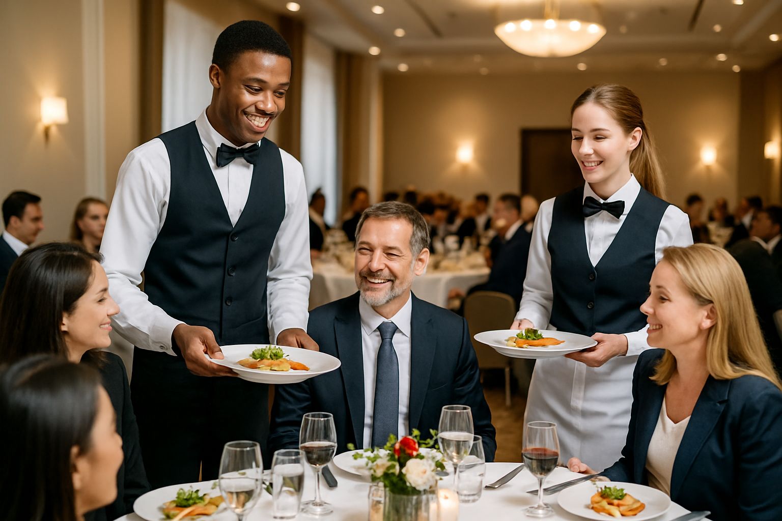 Hospitality staff serving guests at a luxury banquet event