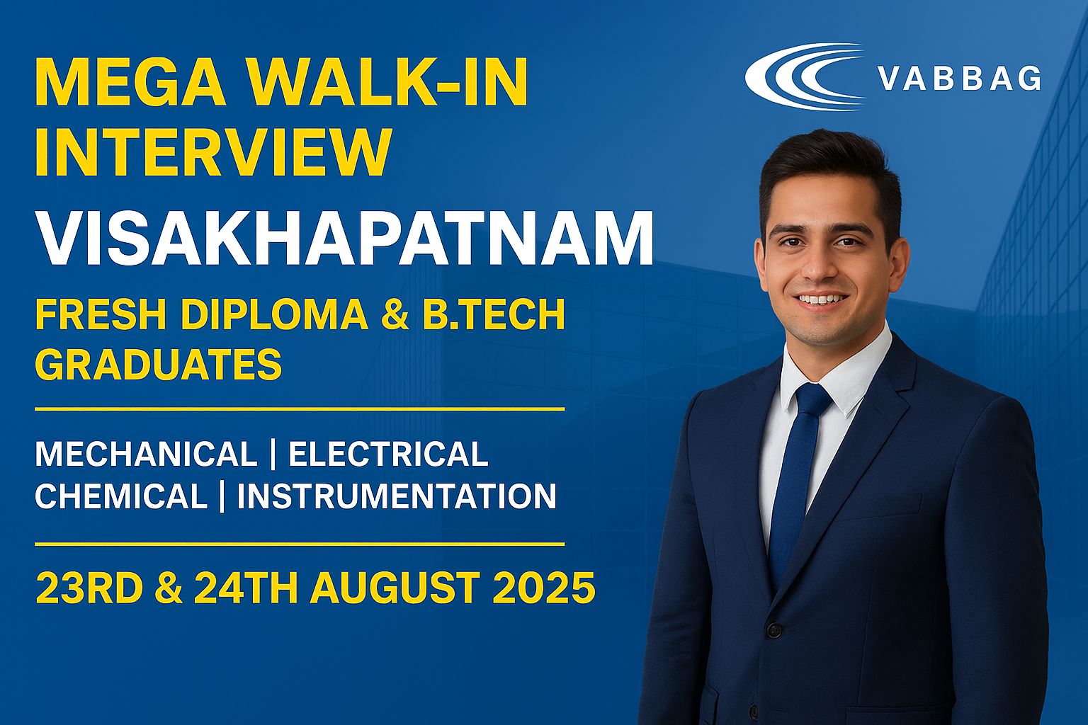 Visakhapatnam walk-in interview for fresh Diploma and B.Tech graduates VA TECH WABAG August 2025